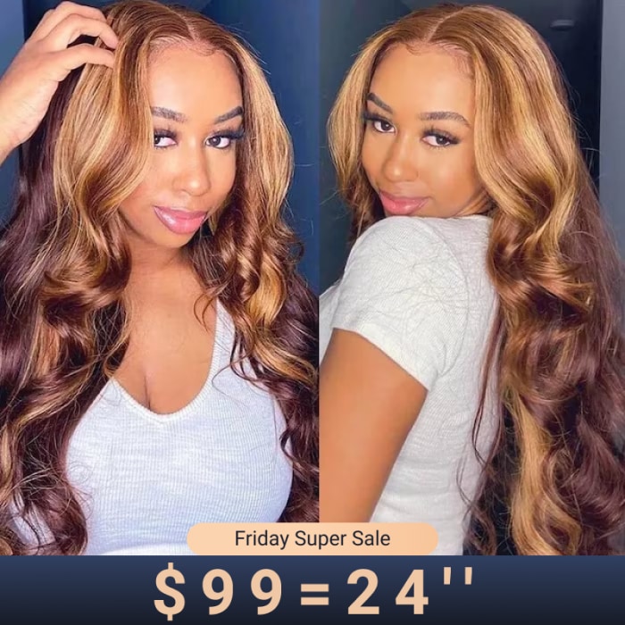$99=24 Inch | Nadula Flash Deal Highlight Body Wave Wig Brown Piano Color 13x5 T Part Lace Human Hair Wig