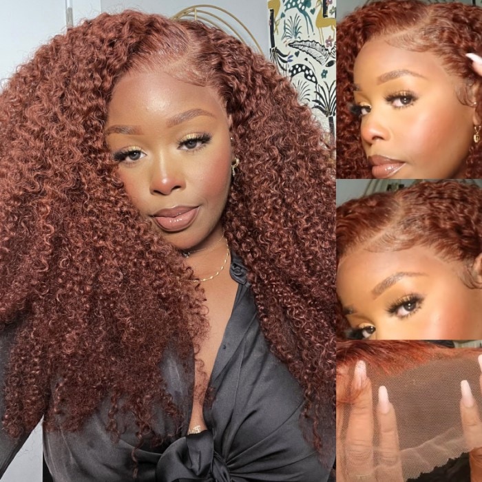 Nadula Auburn Brown Color 13x4 Glueless Lace Frontal Wig Reddish Brown Kinky Curly Human Hair Wigs