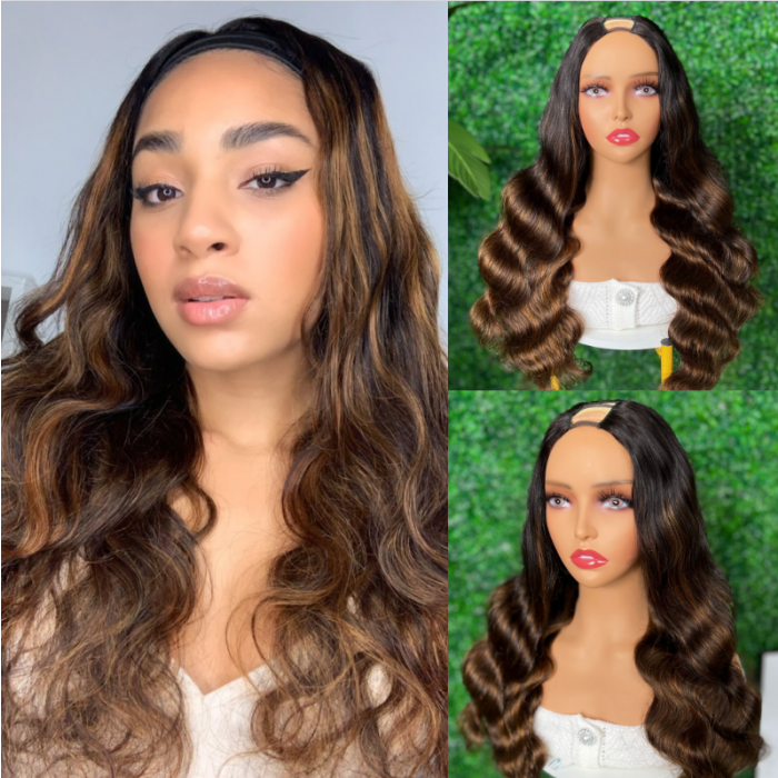 Nadula Glueless Ombre Brown Body Wave U Part Wig #FB30 Balayage Blonde Highlights Color Beginner Friendly Easy to Install Human Hair Wig