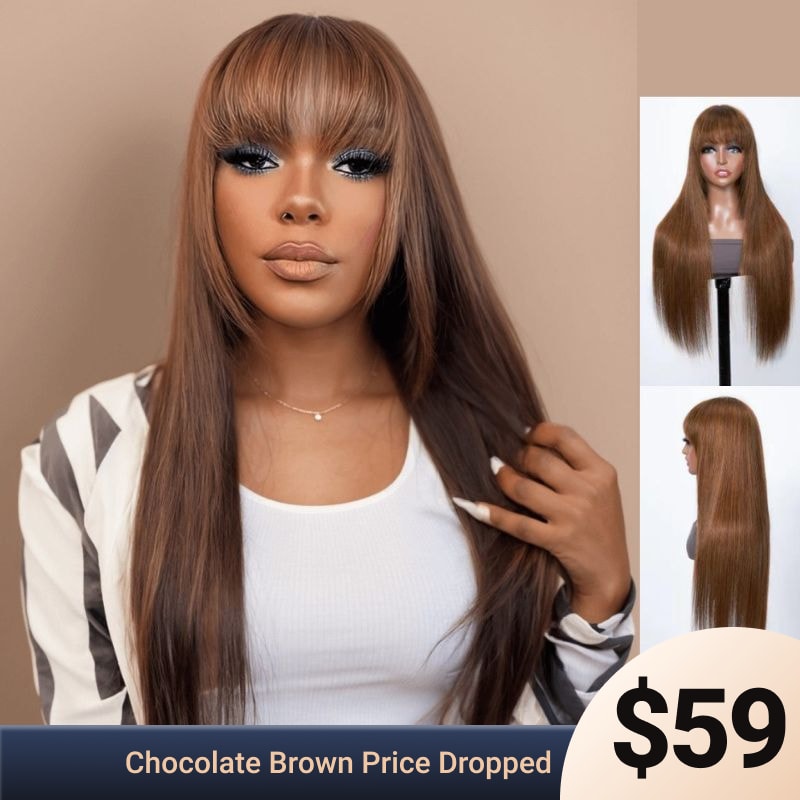 Nadula Flash Sale Chocolate Brown Color Straight With Bangs Classic Cap Layer Cut Wigs