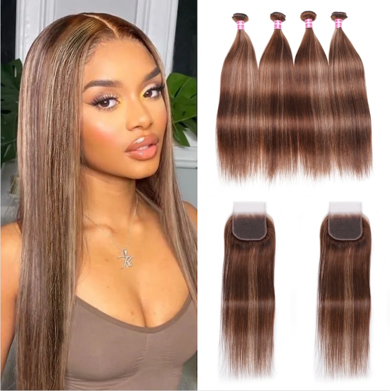 Nadula Straight Bundles with 4x4 Inch Lace Closure Honey Blonde Highlightson Dark Hair Extension