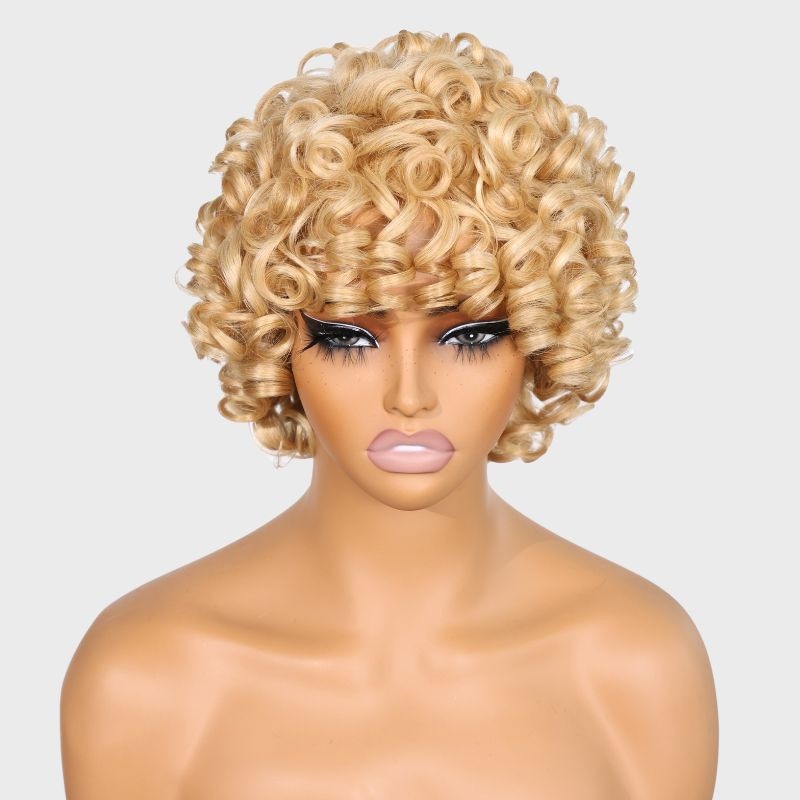 Nadula Blonde Short Bouncy Curly Bob Wig With Bang Machine Made