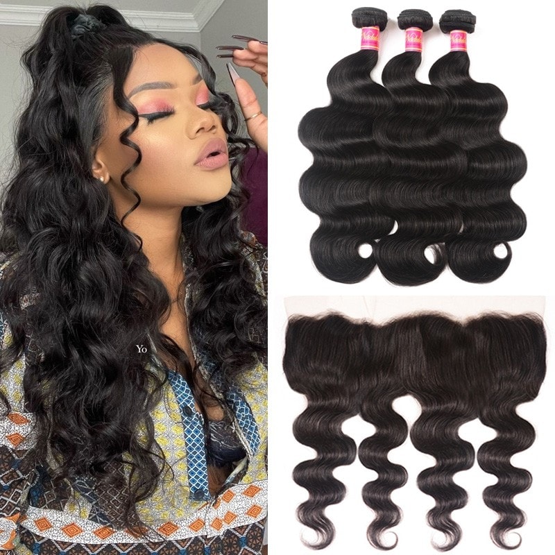 Nadula Body Wave Virgin Hair 3 Bundles With 13x4 Swiss Lace Frontal Closure