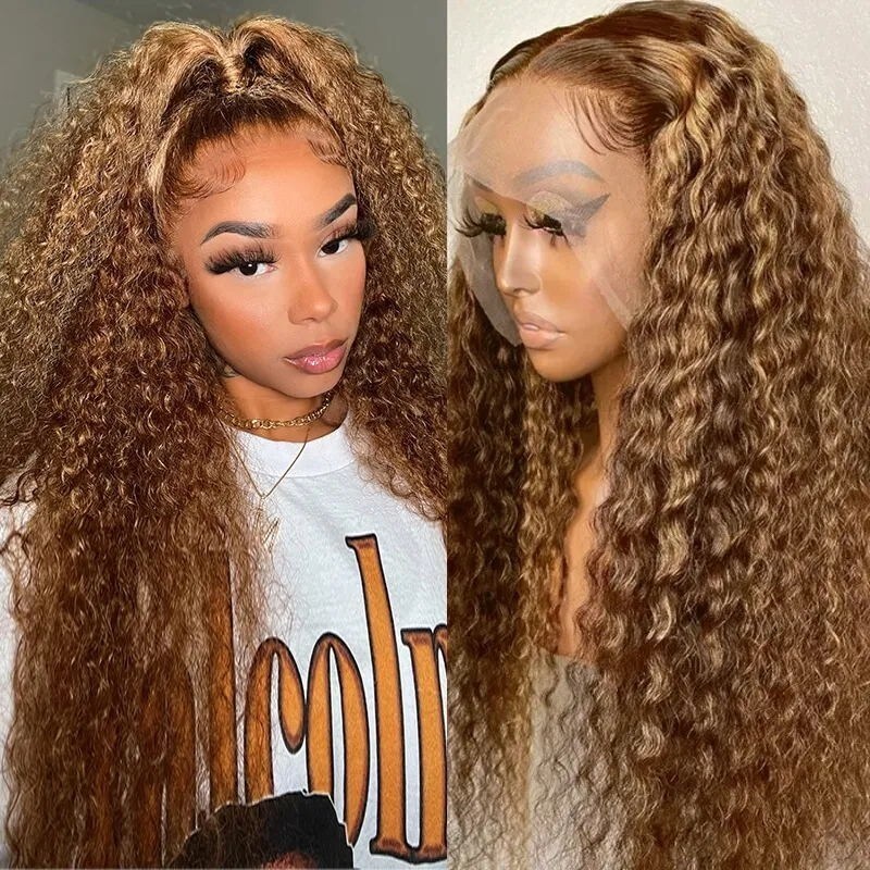 14'' Nadula Flash Sale Highlight Brown Curly Lace Front Wigs Honey Blonde Highlight Wig 180% Density
