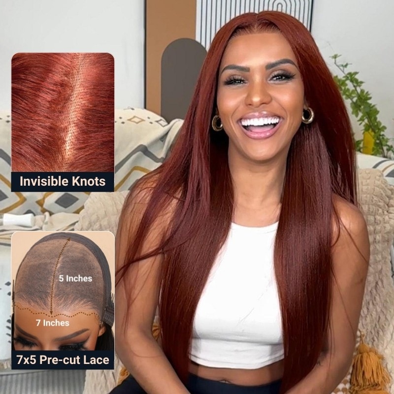 Nadula Bye Bye Knots Wig 2.0™ | 7x5 Reddish Brown Light Yaki Pre Bleached Invisible Knots Glueless Wig