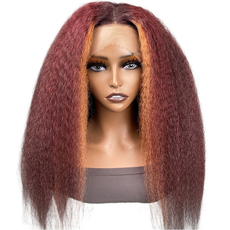Nadula Clearance Sale Burgundy Mixed Orange Highlight 4C Kinky Straight 13x4 Lace Front Wig