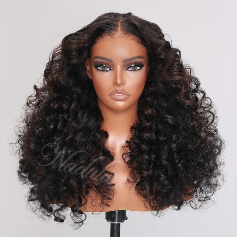 Nadula Clearance Sale 22 Inch 7x5 Bye Bye Knots Curly Black And Brown Highlights Wear Go Wig